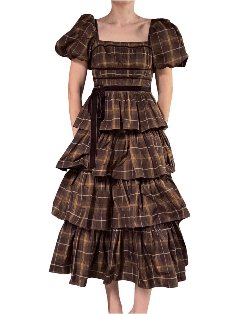 ANTONIO MELANI Brown Plaid Tiered Puff-Sleeve Midi Dress